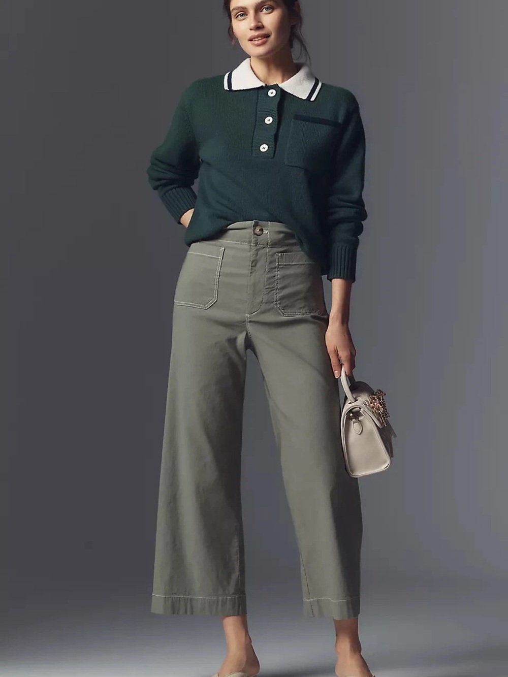 Maeve Cropped Wide-Leg Utility Pants in Olive